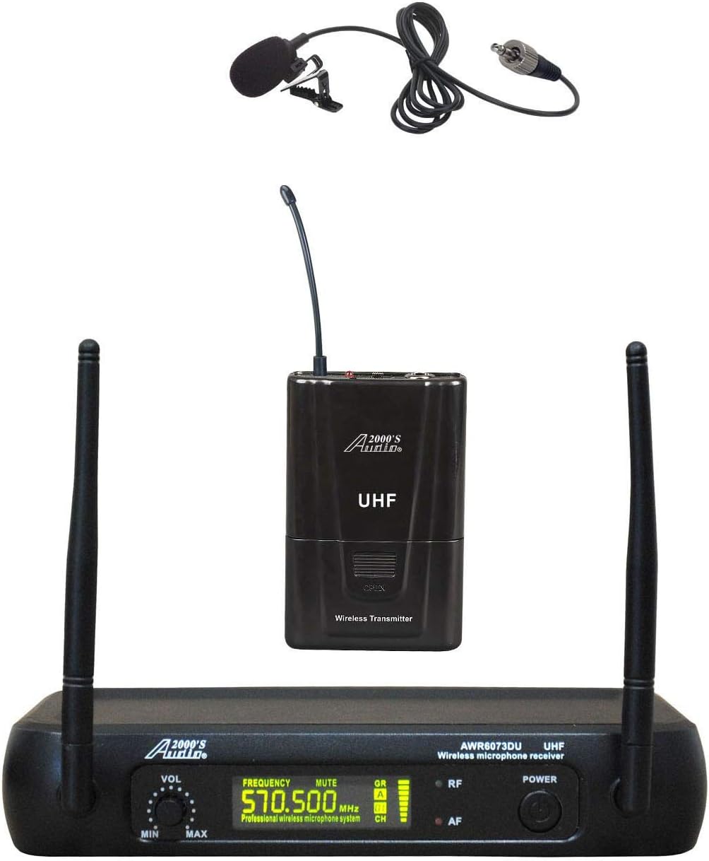Audio 2000S S6073M UHF Wireless Lavalier Microphone System with Balanced XLR and 1/4-Inch Outputs, Volume Control, and Hard PVC Carrying Case