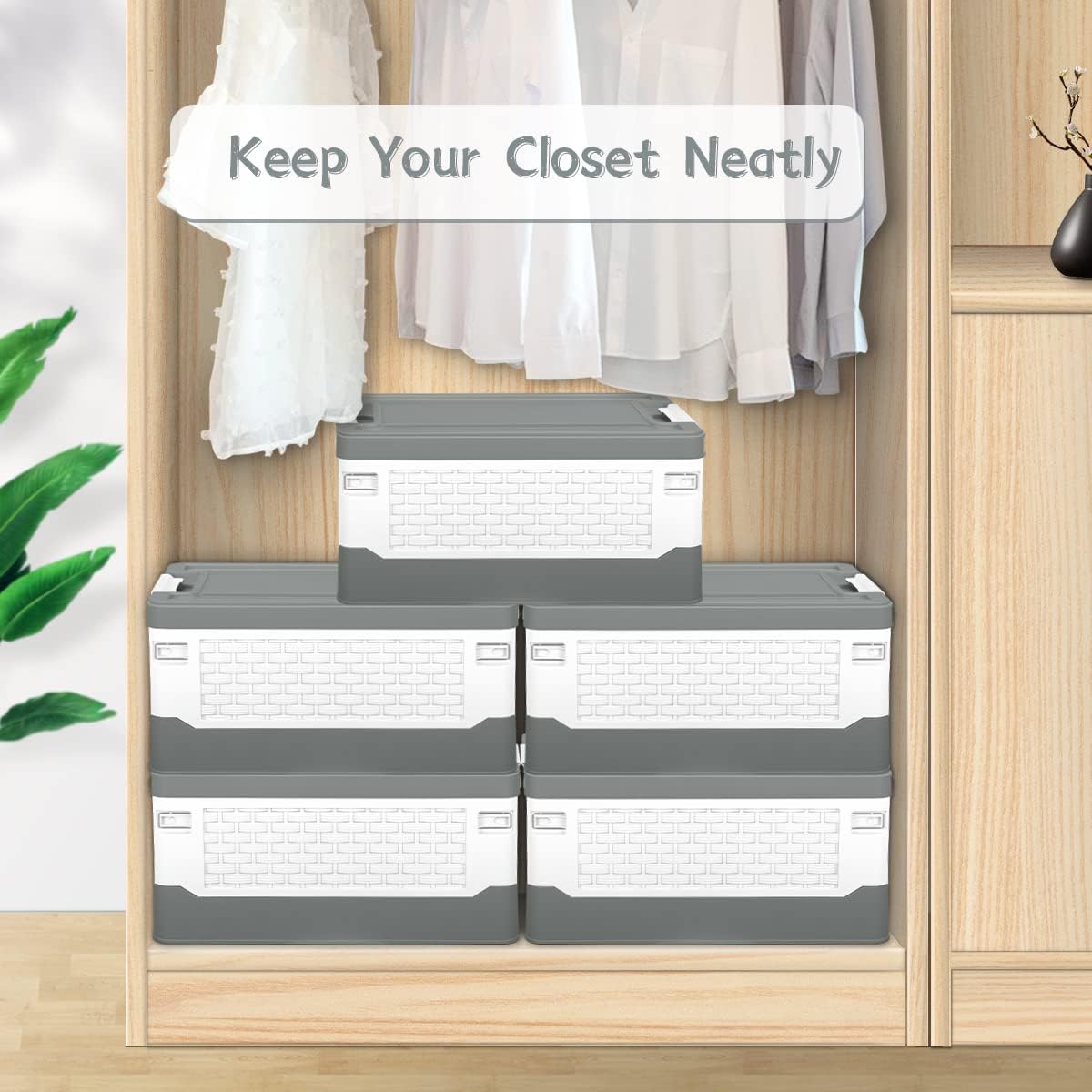 TOPCJ Foldable Storage Bins with Lids,Closet Organizer,Stackable Plastic Storage Containers with Secure Latching Buckles,Perfect Organization for Home,home Office(Grey)