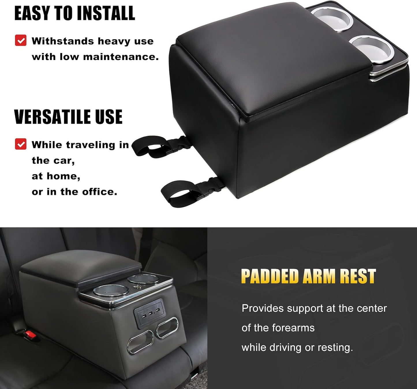 RULLINE Bench seat center console Universal Truck Seat/Bench Organizer with Cup Holders, Armrest, and Padded Top Lid - Ideal for Business and Storage - 124810 Contractor Console Black