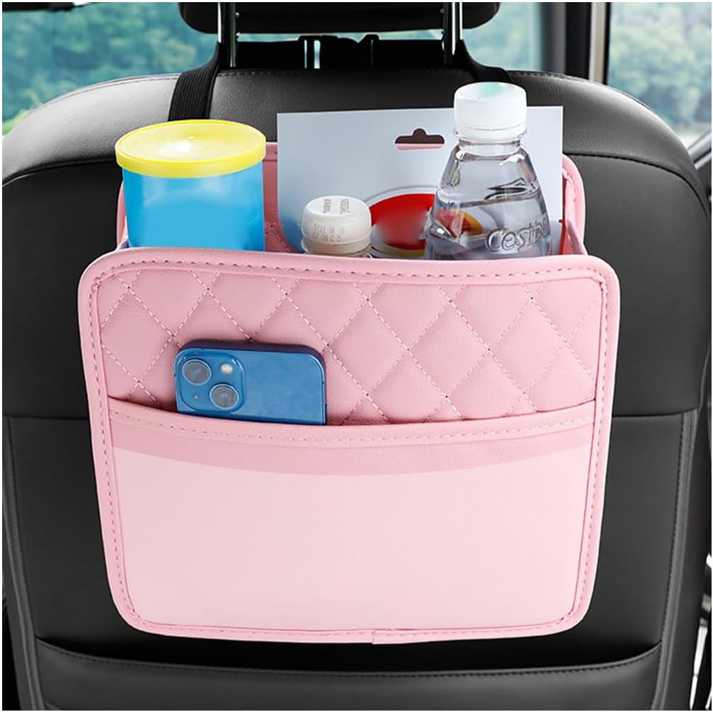 Car Seat Back Organizer, Leather Multipurpose Collapsible Vehicle Backseat Hanging Bag, Portable Automotive Interior Seat Storage Organizer, Universal for SUV RV Truck (Pink)