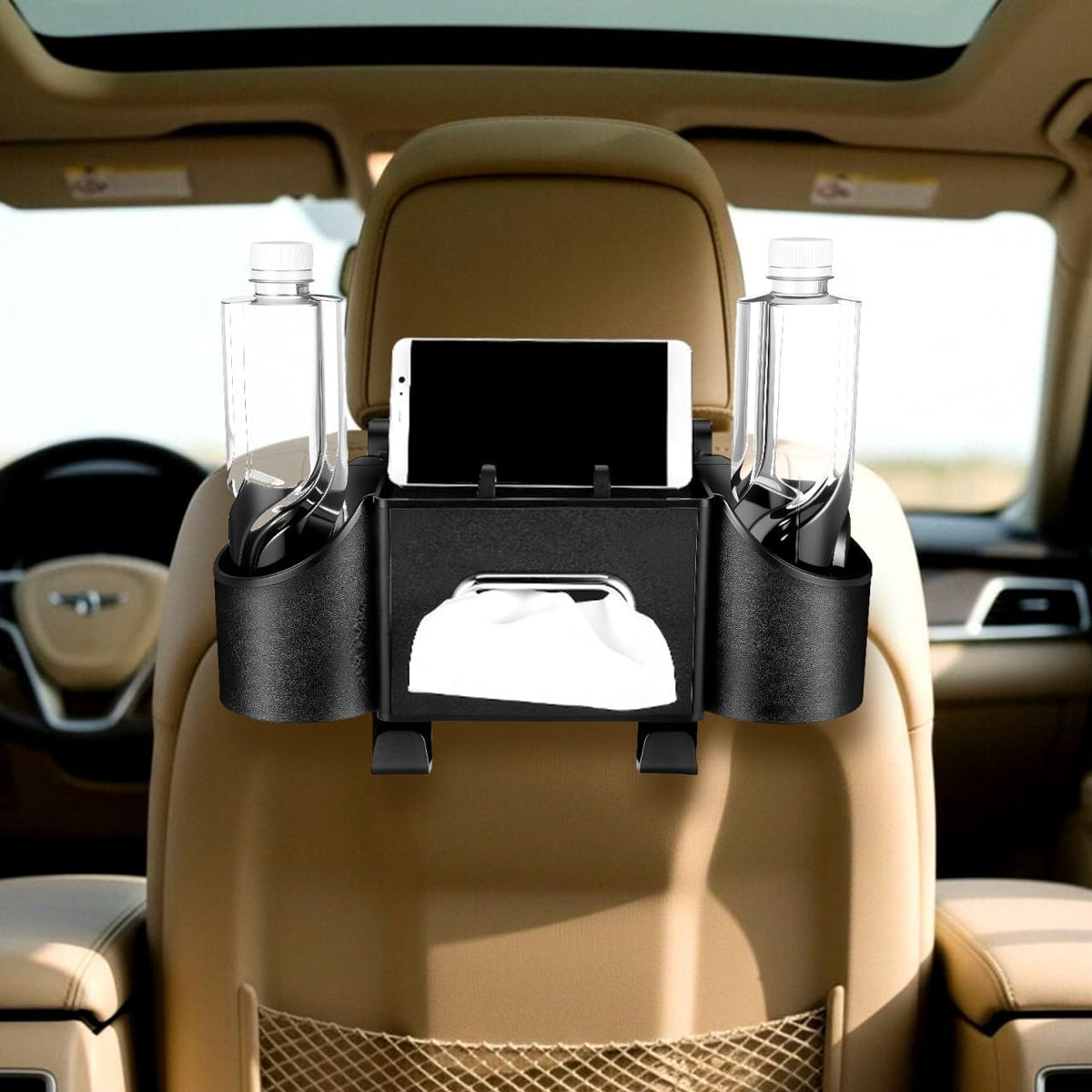 Ciieeo 4 in 1 Backseat Car Organizer with Cup Holder Tissue Box and Hooks Multifunctional Seat Back Storage Box for Road Trip Travel Accessories Universal Auto Headrest Holder
