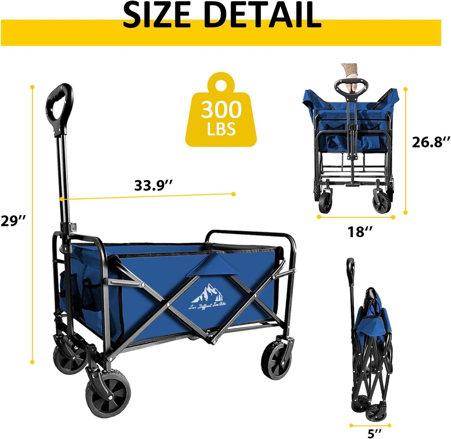 Heavy Duty Folding Wagon 320lbs Capacity, Reinforced Steel Frame Utility Cart with All-Terrain Quiet Wheels, Collapsible Outdoor Wagon for Camping, Gardening & Sports, Blue
