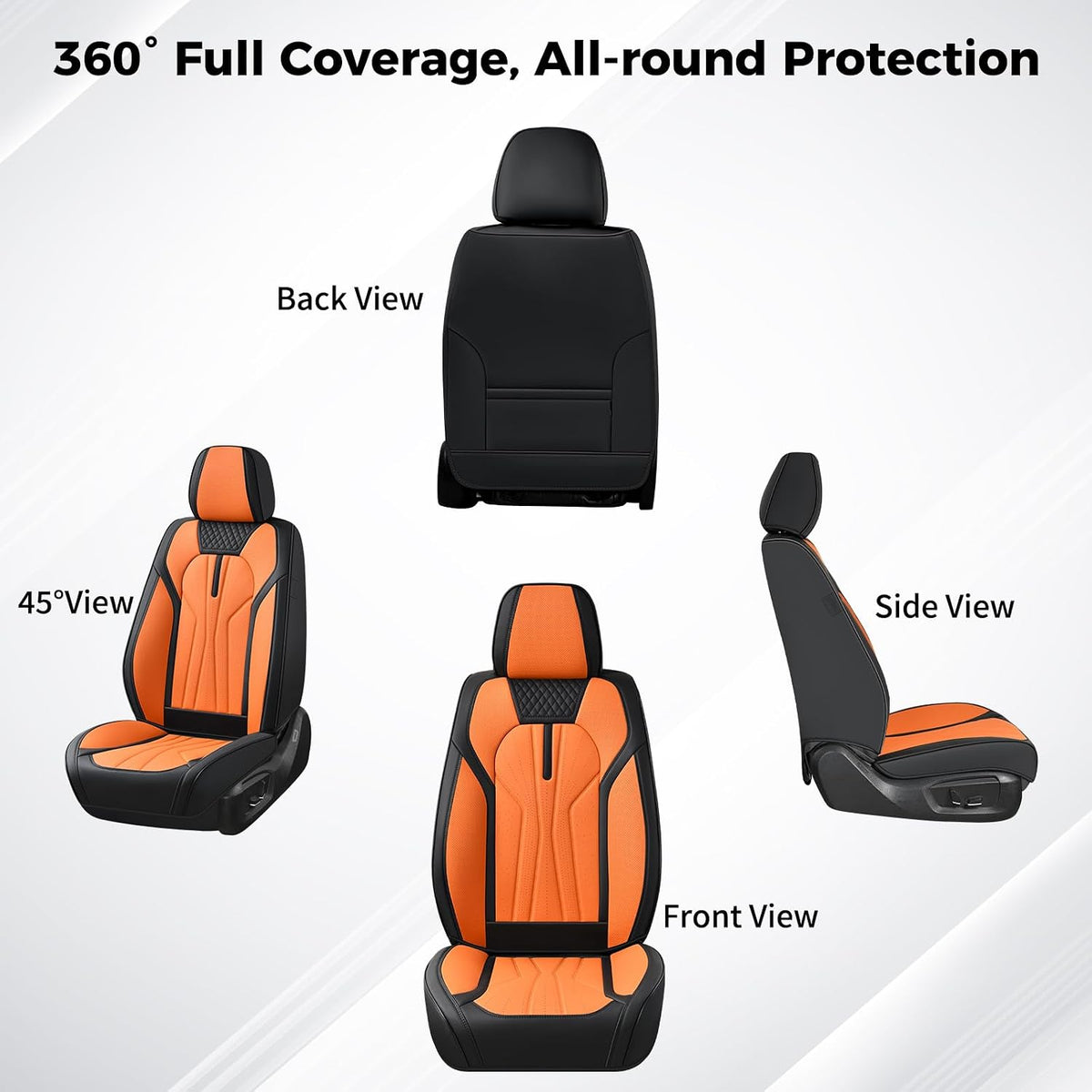 Huidasource Leather Car Seat Covers Full Set 5 Seats, Waterproof Faux Leather Front & Rear Seat Cover with Headrest, Non-Slip Automotive Seat Covers Fit for Most Cars Trucks SUV, Black&Orange