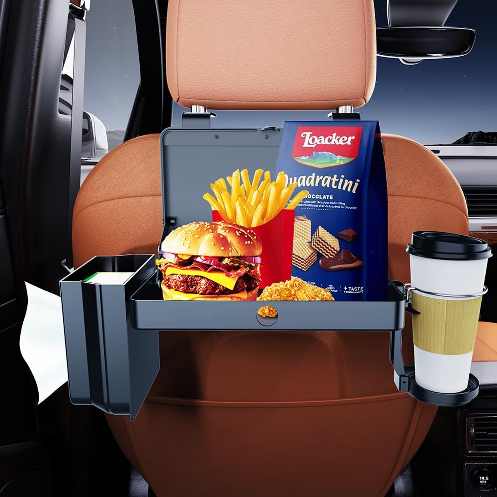 Car Storage Organizer, Multifunctional Car Seat Back Storage Organizer with Cup Holders Tissue Box Hook and Tray 3 in 1 Car Storage Box for SUV Truck Minivan Easy Install No Tools Needed (07)