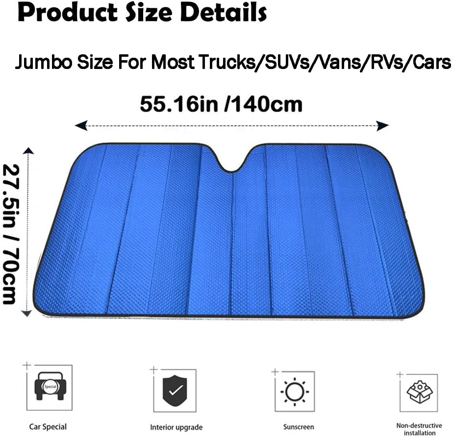 Big Ant Windshield Sun Shade Car Window Sunshade with Side Window Shades as Bonus, Blue Foldable UV Ray Visor Protector Shield Cover Keeps Vehicle Cool (Size 55" x 27.5")