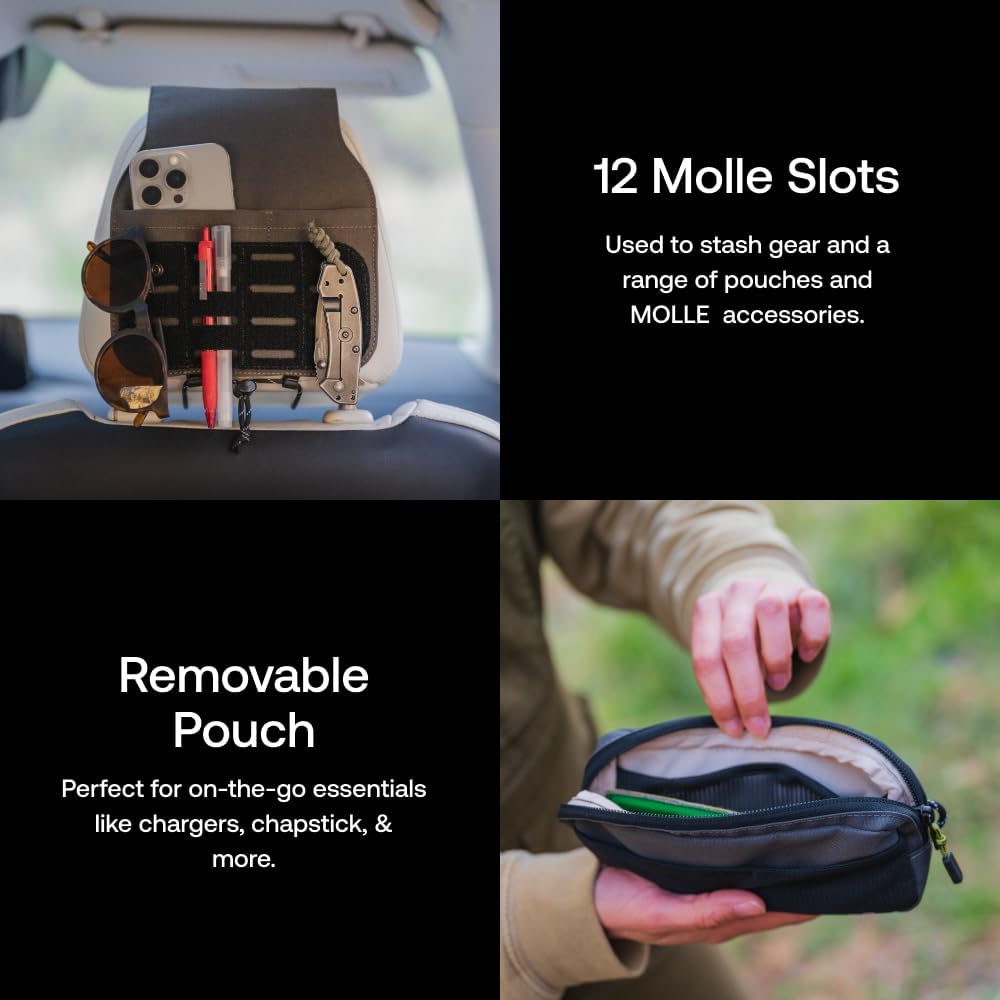 Luno Universal Headrest Organizer – Car Headrest Storage for Car with 5 Pockets, Removable MOLLE Pouch & Customizable Storage | Fits All Vehicles for Camping, Overlanding & Everyday Gear Access