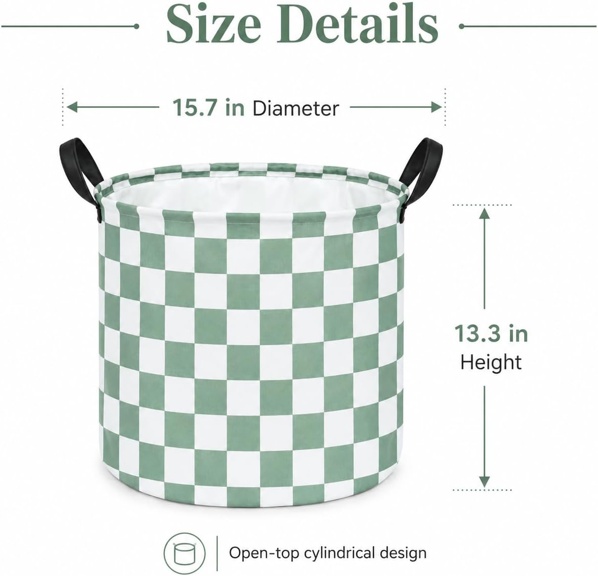 MAIZMZ 3 Pack Sage Checkered Storage Baskets Kids Hamper, 15.7"D x13.3"H, Waterproof Lining, Leather Handles, Collapsible for Laundry, Toys, Clothes, Gift Set