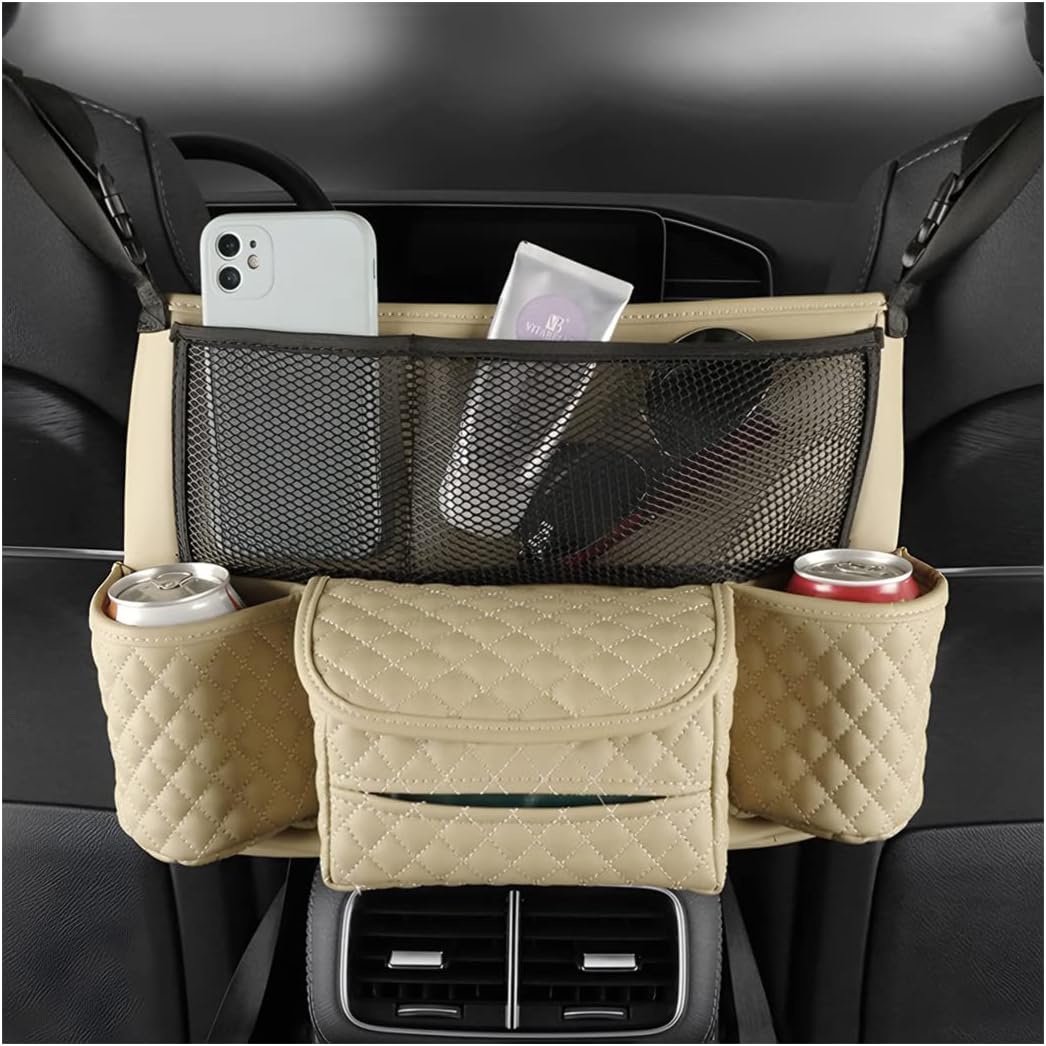 XINLIYA Car Handbag Holder Between Seats, PU Leather Multi-Pocket Large Capacity Purse Holder, Auto Net Bag Barrier of Backseat Pet Kids, Car Seat Organizers and Storage for Cargo Tissue Cup（Black）