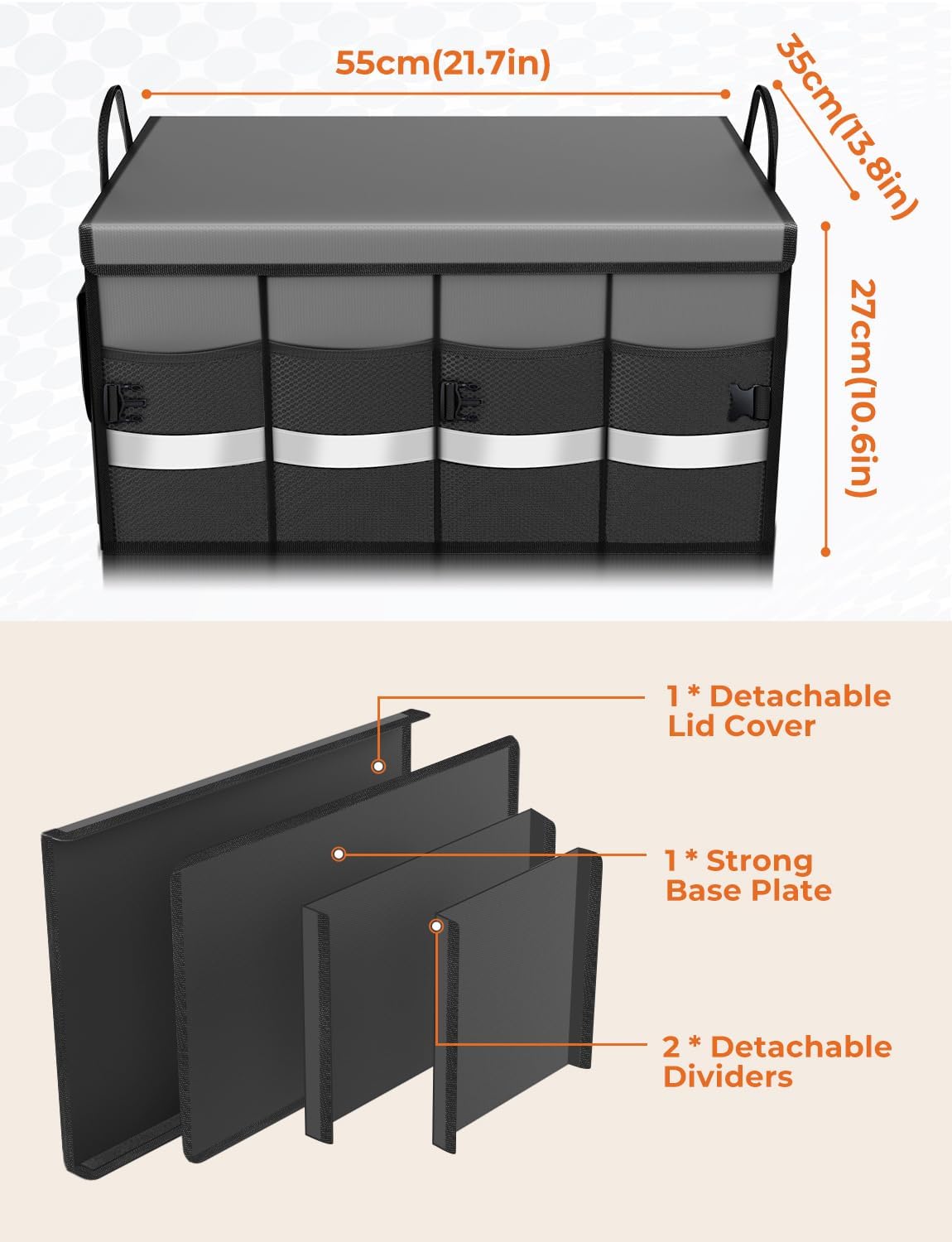 Oasser Car Trunk Organizer Collapsible Multi Compartments SUV Trunk Organizer with Reflective Strip Foldable Cover
