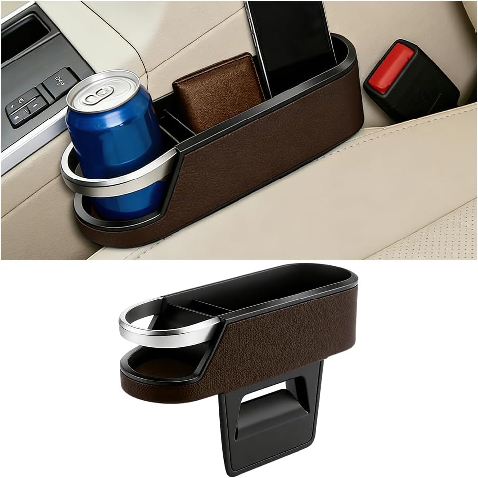 Car Seat Gap Filler Organizer, Leather Automotive Filler Plug Couch Organizer with Cup Holder, Vehicle Front Seat Side Gap Storage Box for Phone Sunglasses Keys, Universal Fit (Black)