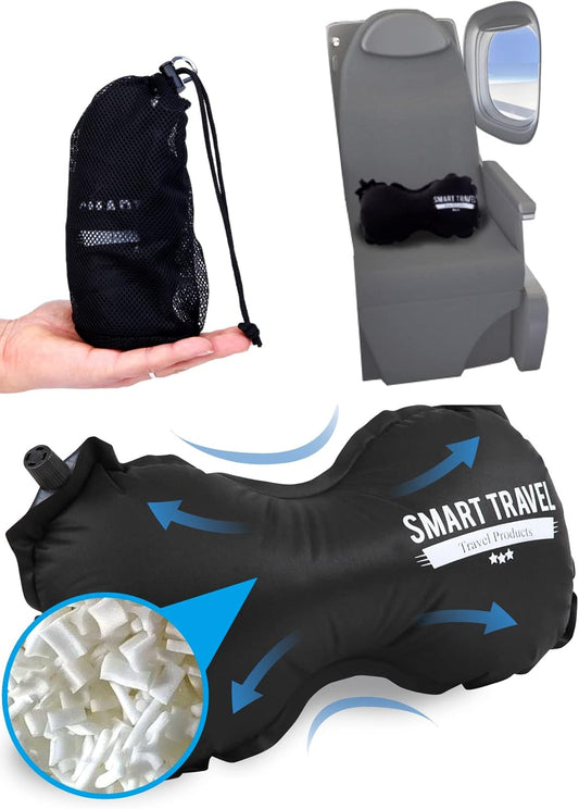 SmartTravel Inflatable Lumbar Support Travel Pillow for Airplane Seat | Adjustable firm back support cushion for long flights, office & car; eases lower back discomfort; self-inflates, packs small