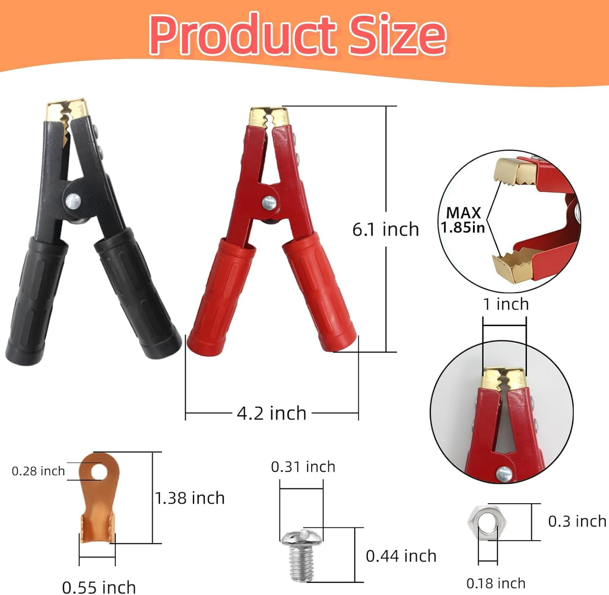 2PCS 1000A Heavy Duty Pure Copper Jumper Cable Clamps, Car Battery Charger Alligator Clips Replacement for Auto Vehicle Boat, 12V-24V Battery Booster Charging Ends (Red & Black)