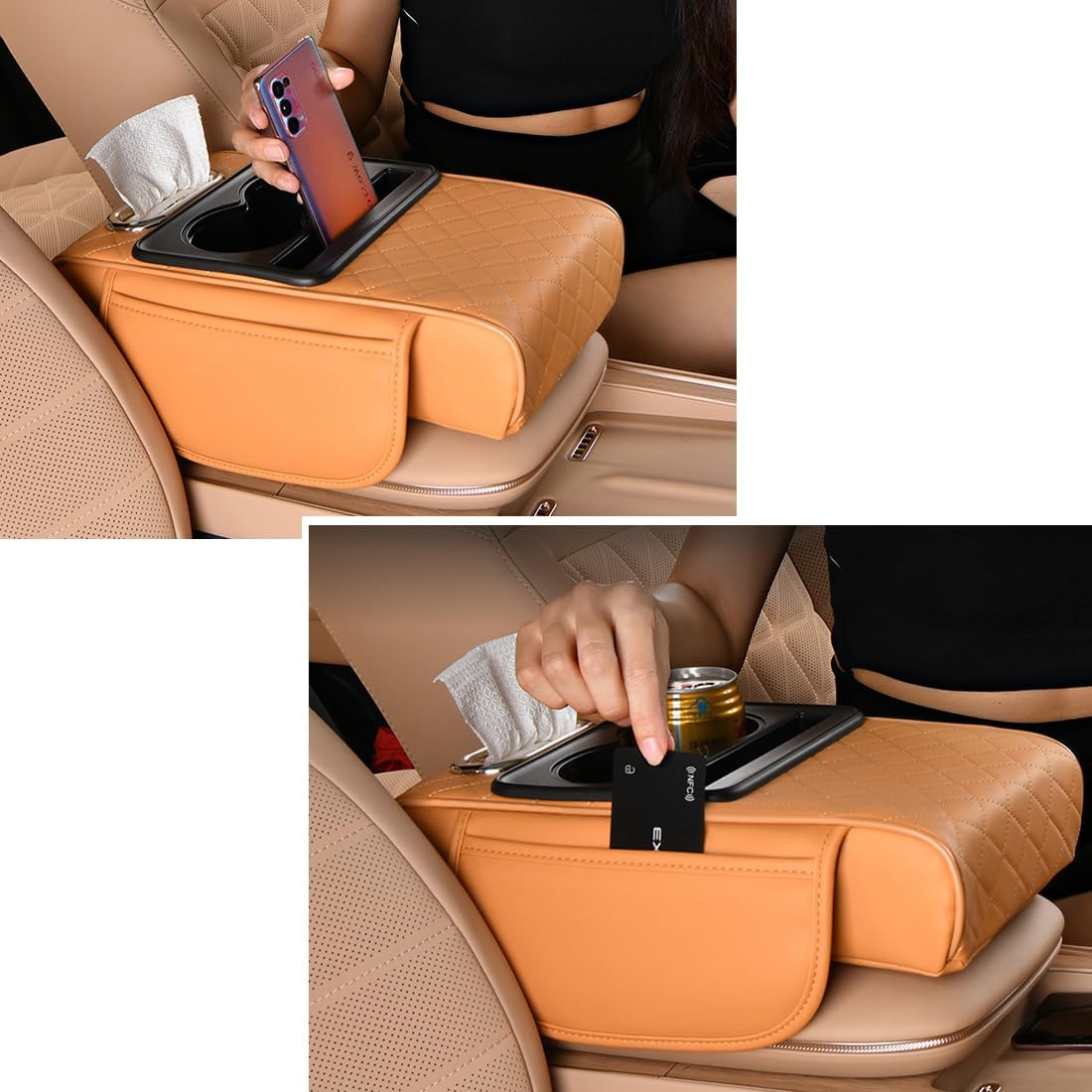 Car Armrest Cushion,5-in-1 Center Console Cover with 2 Storage Bags Cup Holder, Tissue Box Slot, Phone Slot for Sedans, Car Accessories Interior Organizers (Black)