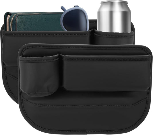 HARFINGTON 2pcs Car Seat Gap Filler Organizer 11.8 x 8.3 x 2.2 Inch PU Universal Car Organizer Storage Box Between Seat and Console (Left+Right) with Cup Holders for Phone Keys, Black