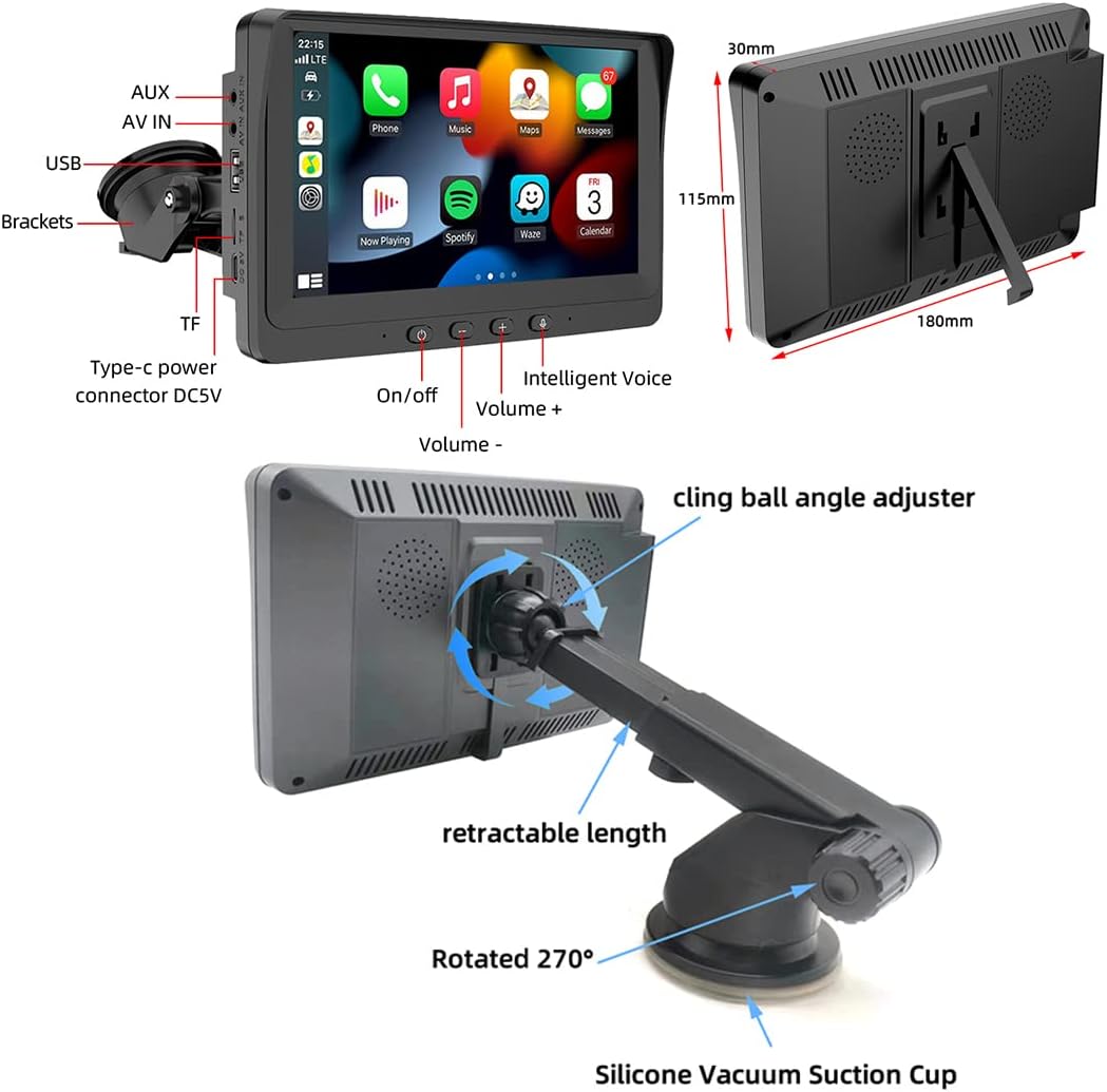 Eaglerich Car Stereo Receiver Wireless Carplay & Android Auto Portable Screen 7-inch 2.5D IPS Touchscreen Bluetooth Mirror Link FM Transmitter Built-in Speaker TF USB AUX+4LED Camera