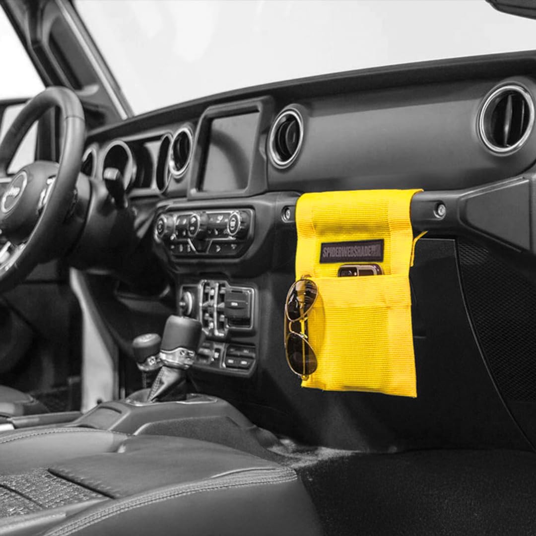 SPIDERWEBSHADE Grab Bag - Front Passenger Seat Grab Bar Multi-Purpose Storage Organizer Bag - For Jeep Wrangler CJ YJ JK JL JKU JLU Gladiator - MADE IN AMERICA - Travel Essentials Holder - (Yellow)