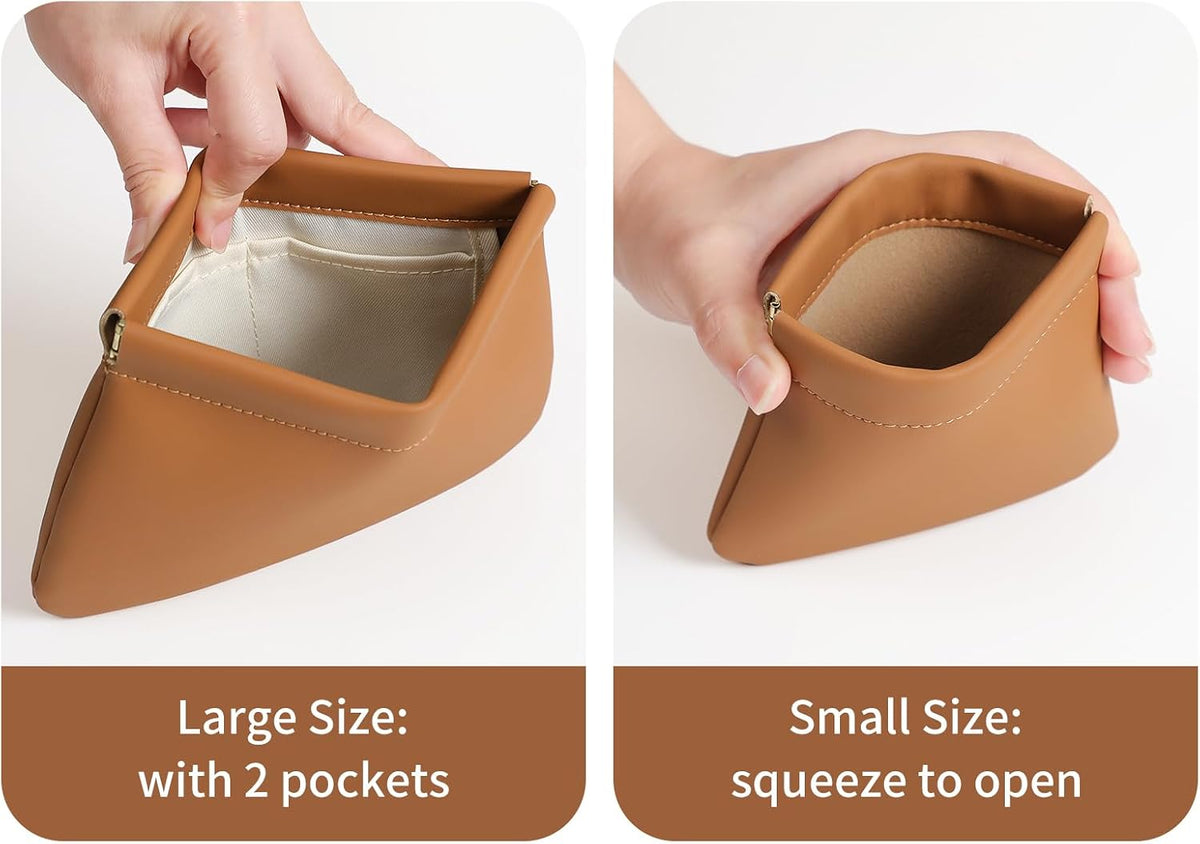 2 Pack Small Makeup Bag for Purse, Cosmetic Travel Pouch, Brown
