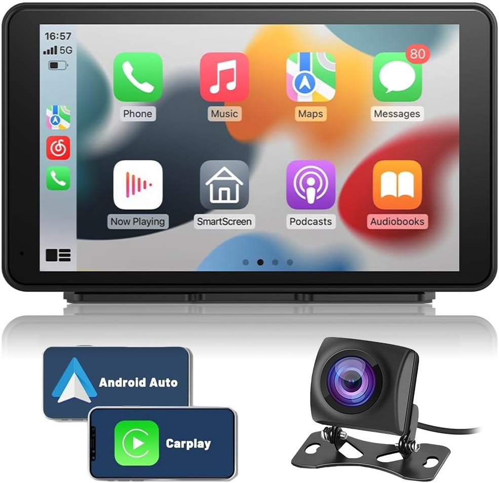 Kunfine Universal Portable Wireless Carplay Screen Android Auto, 7 Inch Touchscreen Wireless Car Play Screen AHD Reverse Camera for Car Support Airplay Voice Control FM Bluetooth AUX