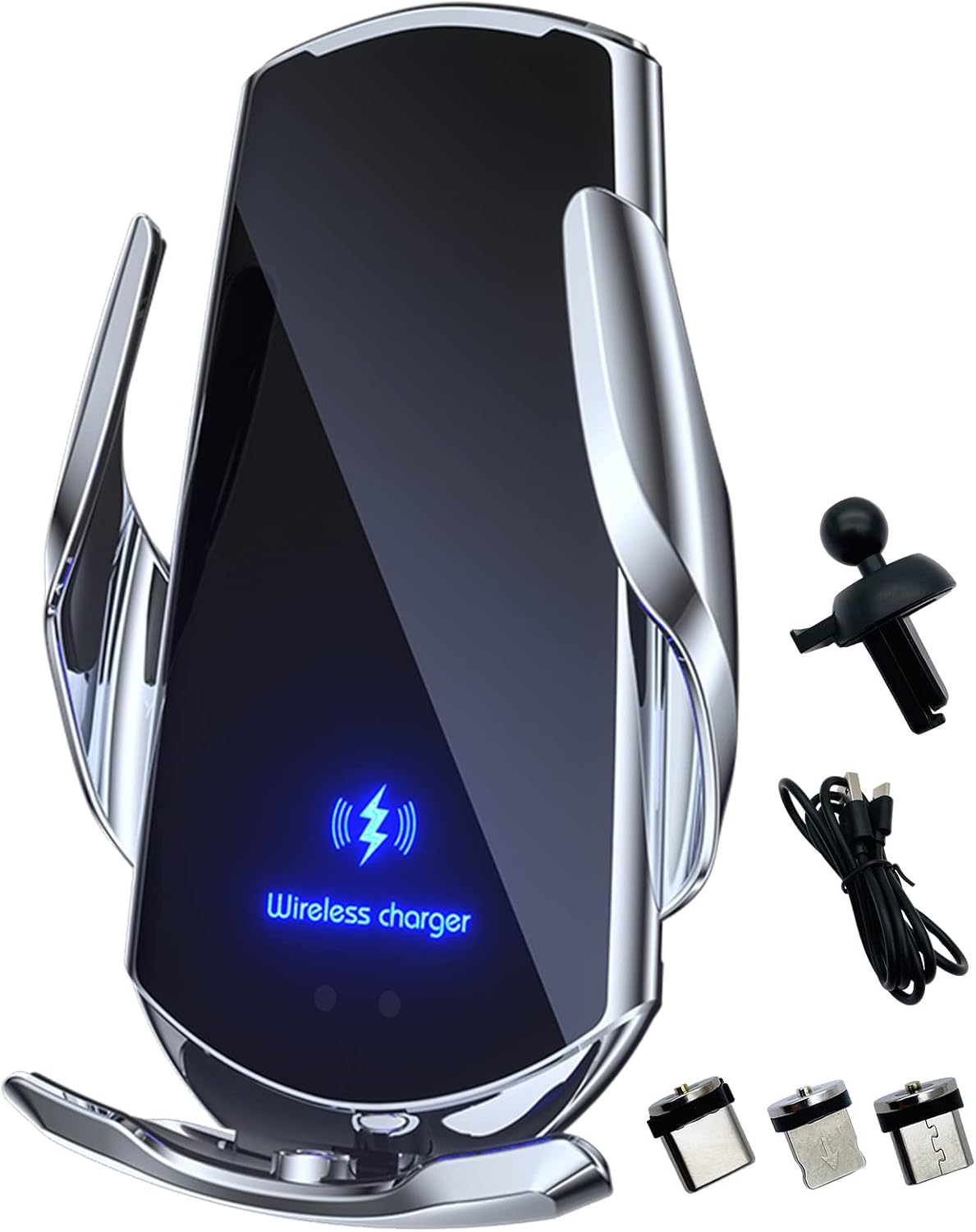 Wireless Car Charger Automotive Electric Induction 15W Wireless Charger Car Vent Mount Bracket Fast Charging Auto-Clamping Car Phone Holder Mount Air Vent Phone Holder Silver…