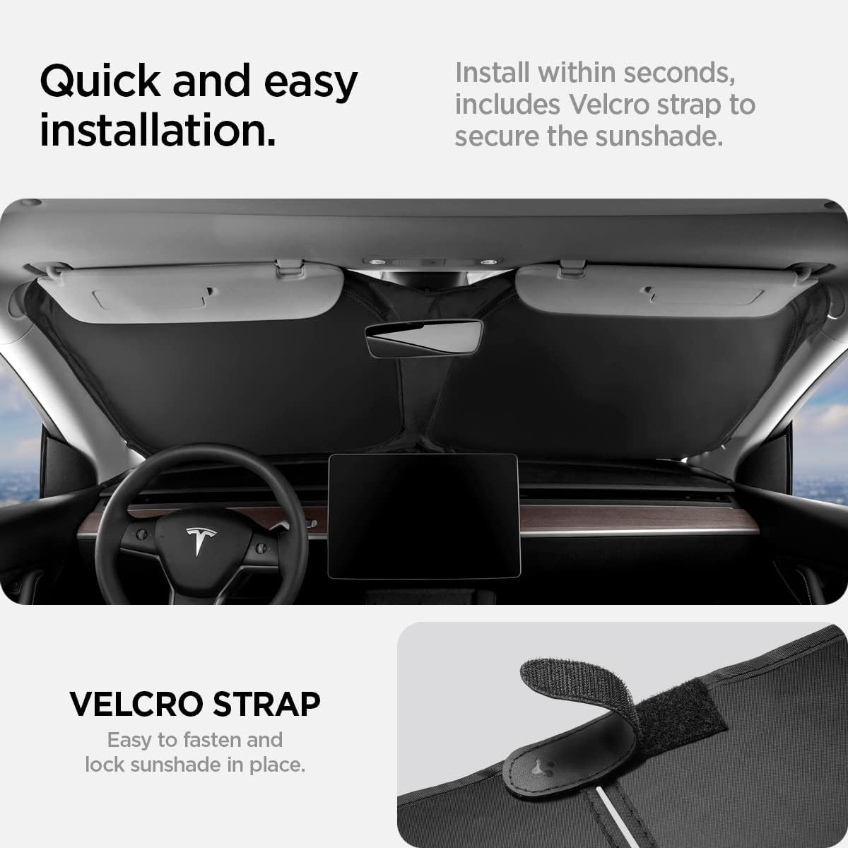 Spigen ZeroGap Windshield Sunshade for Tesla Model Y & 3, Maximum UV & Heat Protection, Dual Layer with Pocket | Car Accessories for Model Y Juniper, Model Y L, Model 3 Highland | Gift for Tesla Owner