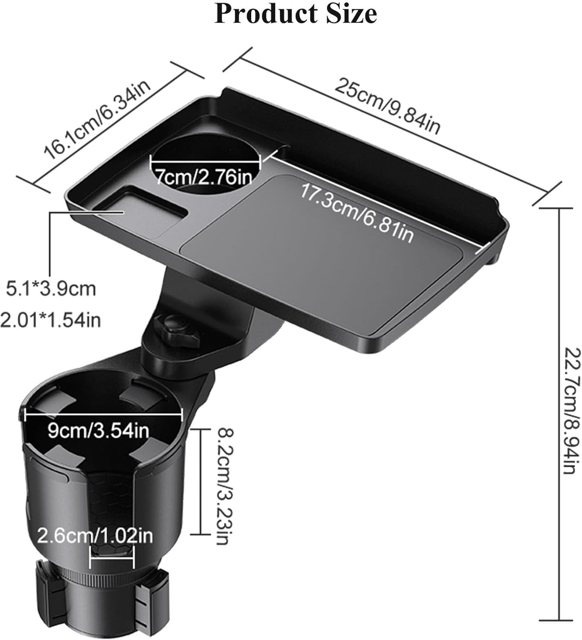 Cup Holder Tray, Detachable 360° Rotatable w/Phone Mount, Fits 2.6‑3.9 Inch