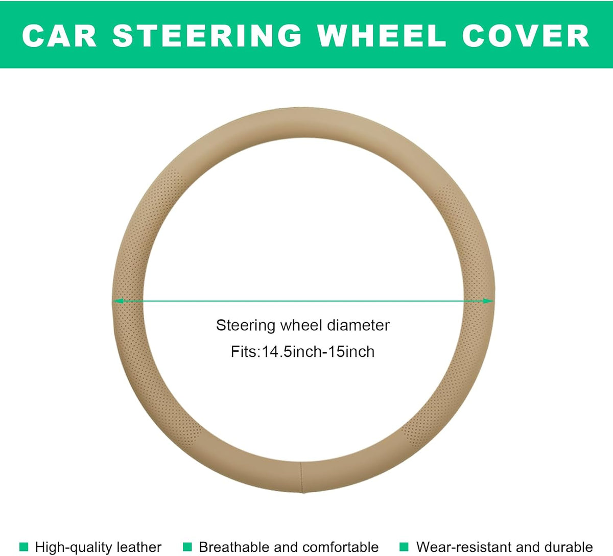 Car Steering Wheel Cover, 15" Breathable Leather Auto Wheel Protector with Comfortable Grip, Non-Slip Perforated Steering Wheel Protective Cover for SUV Truck Sedan Van (Beige)