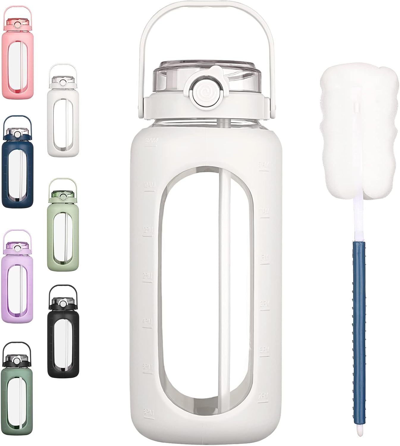 BLUEGO 40 oz Glass Water Bottles with Straw Time Marker, Glass Tumbler with Handle Top Lids, Easy to Clean, Fits in Car Cup Holder, Leakproof Jug for Gym, Sports, Workout & Daily, Dark Grey