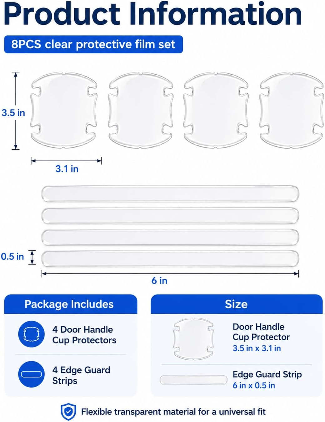 8PCS Clear Car Door Handle Protector Film Anti-Scratch Universal Fit