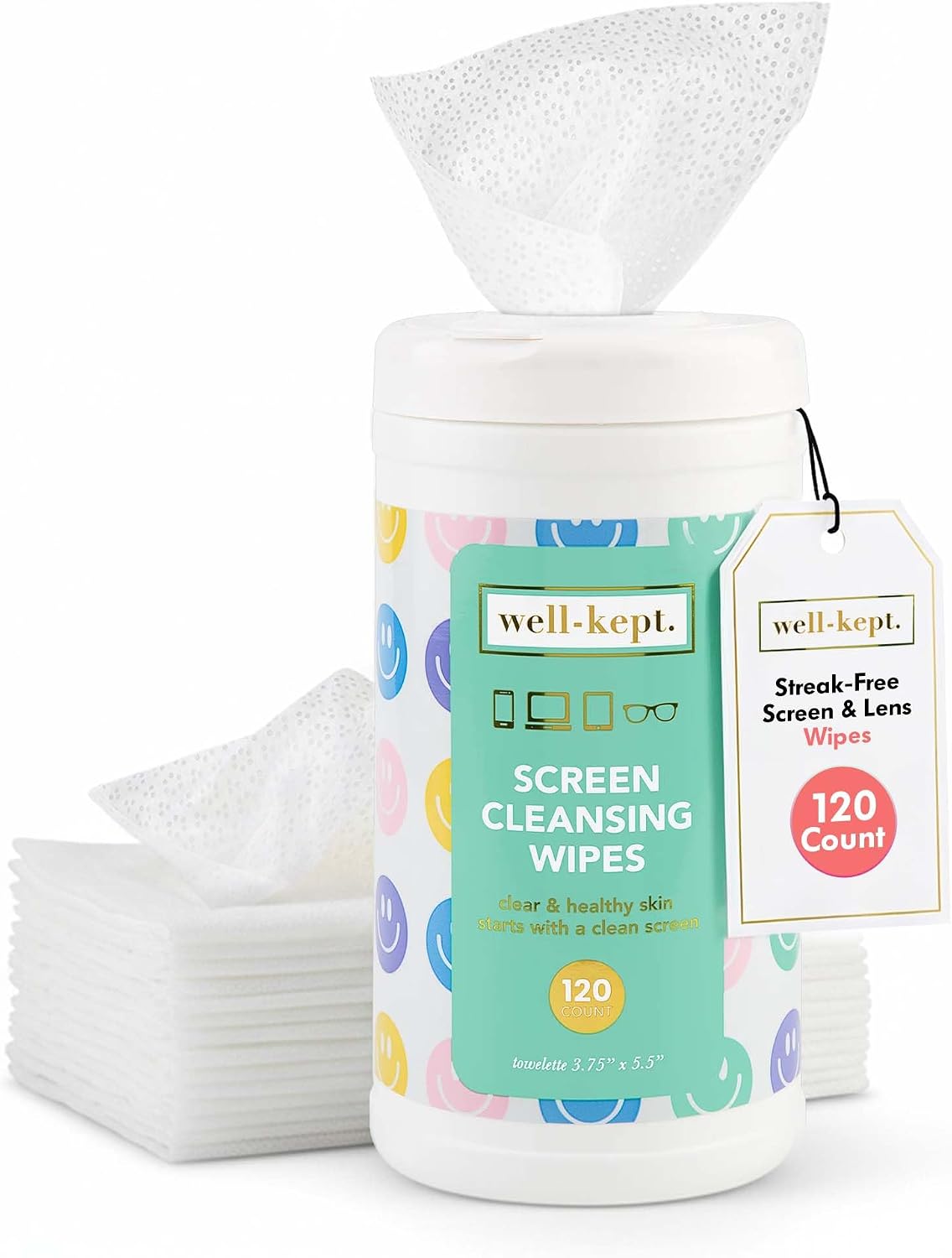 Well-Kept Tech & Lens Wipes - Eyeglass, Screen & Phone Cleaning, Multi-Surface, Lint-Free, Pre Moistened, Streak-Free & Non Scratching - NEW Size - All Smiles Canister, (120 Count)