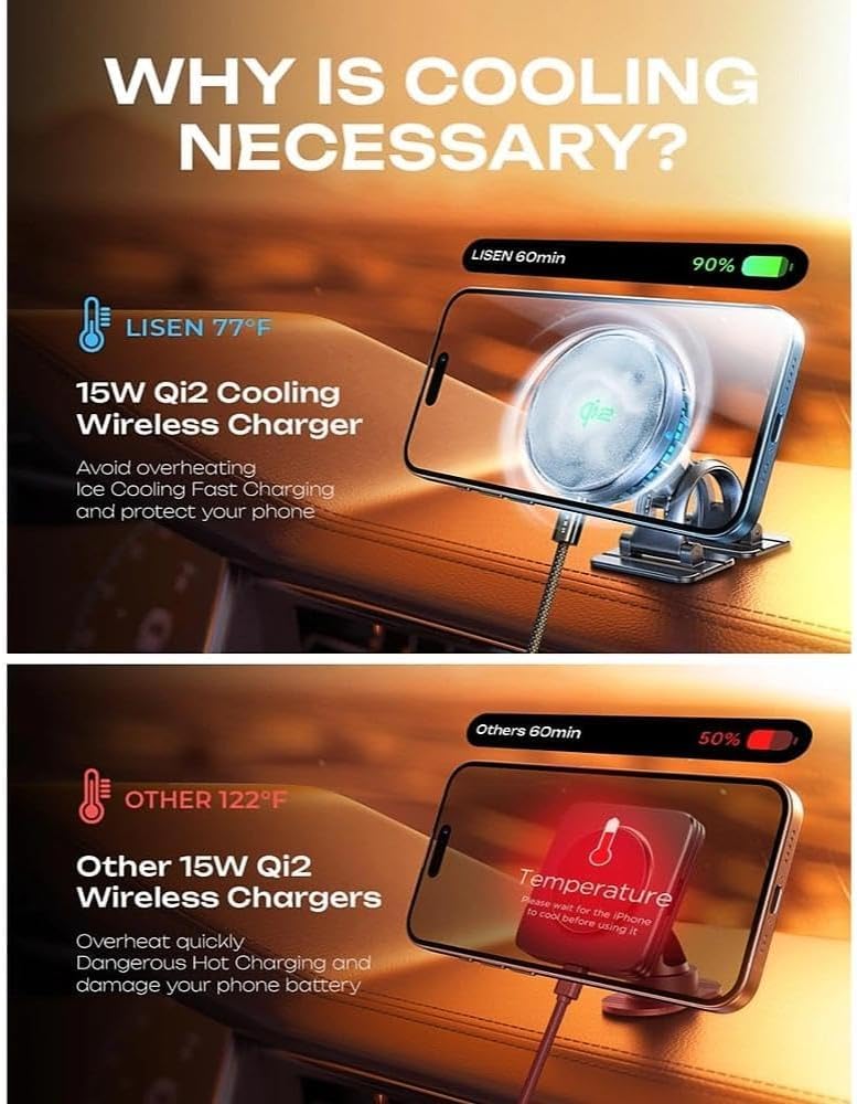 LISEN for iPhone 18 Pro Max Car Charger Mount Holder for Qi2.2 25W Cooling