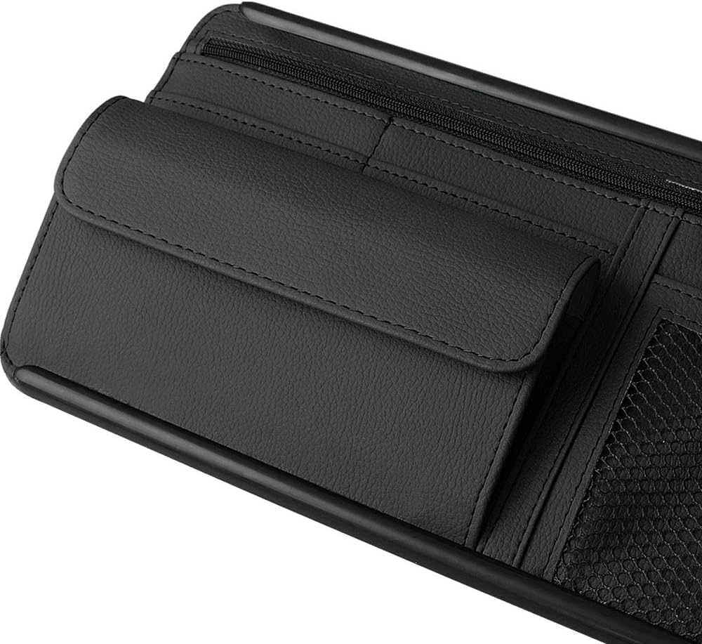 JEYODA Sun Visor Organizer Auto Interior Accessories Storage Pocket With Multi-Pocket Net Zippers (Style 2-Brown)