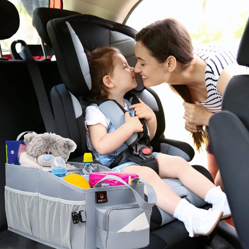 Easy-to-Reach Kids Car Organizer with Tissue Box and Cup Holder for Back Seat, Front Seat, Between Seats, Floor - Tote Car Storage Organization for Toddlers - Kids Road Trip Travel Essentials (Grey)