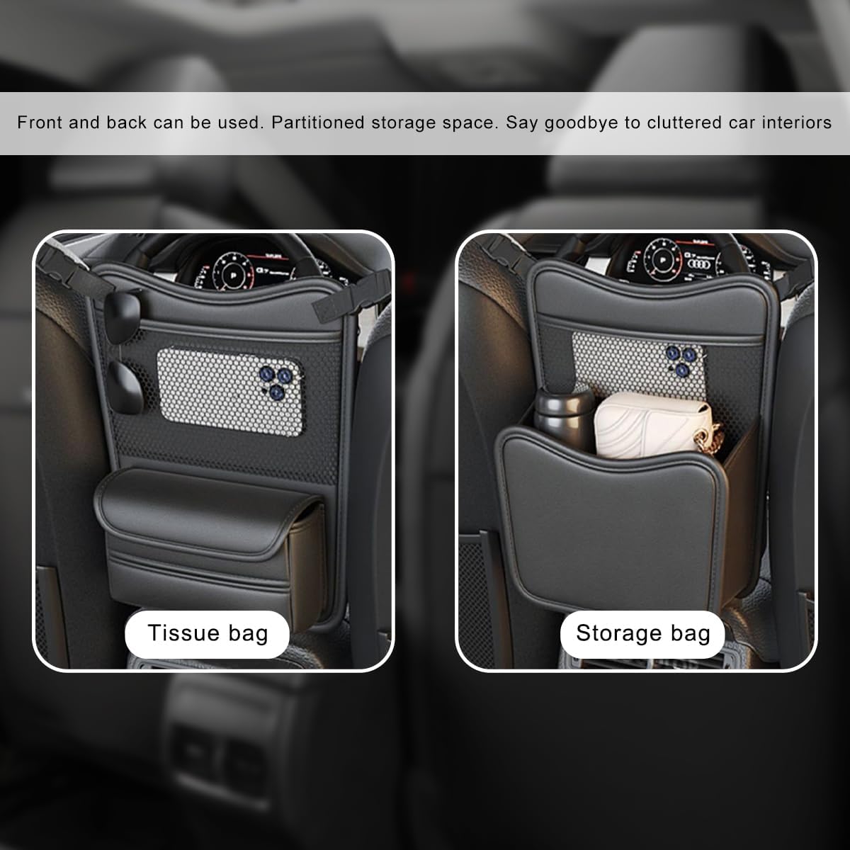 Car Purse Holder Between Seats, Nappa Leather Front Seat Storage Bag with Tissue Holder, Large Capacity Automotive Console Organizer for Document Phone Wallet, Car Accessories (Gray)