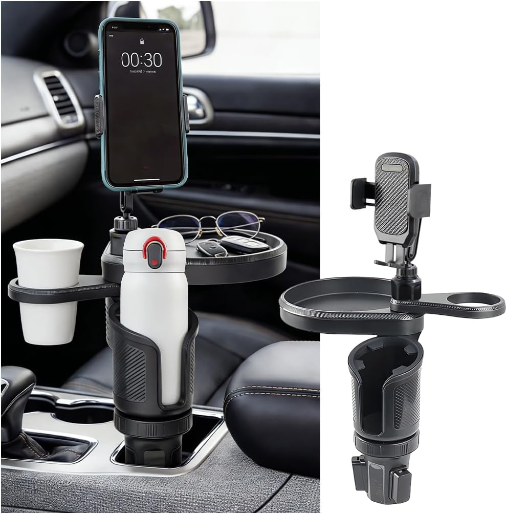 Car Cup Holder Tray, 3 in 1 Multifunctional Vehicle Food Water Bottle Phone Holder Expander Adapter with Adjustable Base, Detachable Auto Interior Food Tray Table, Universal Fit (Carbon Fiber)