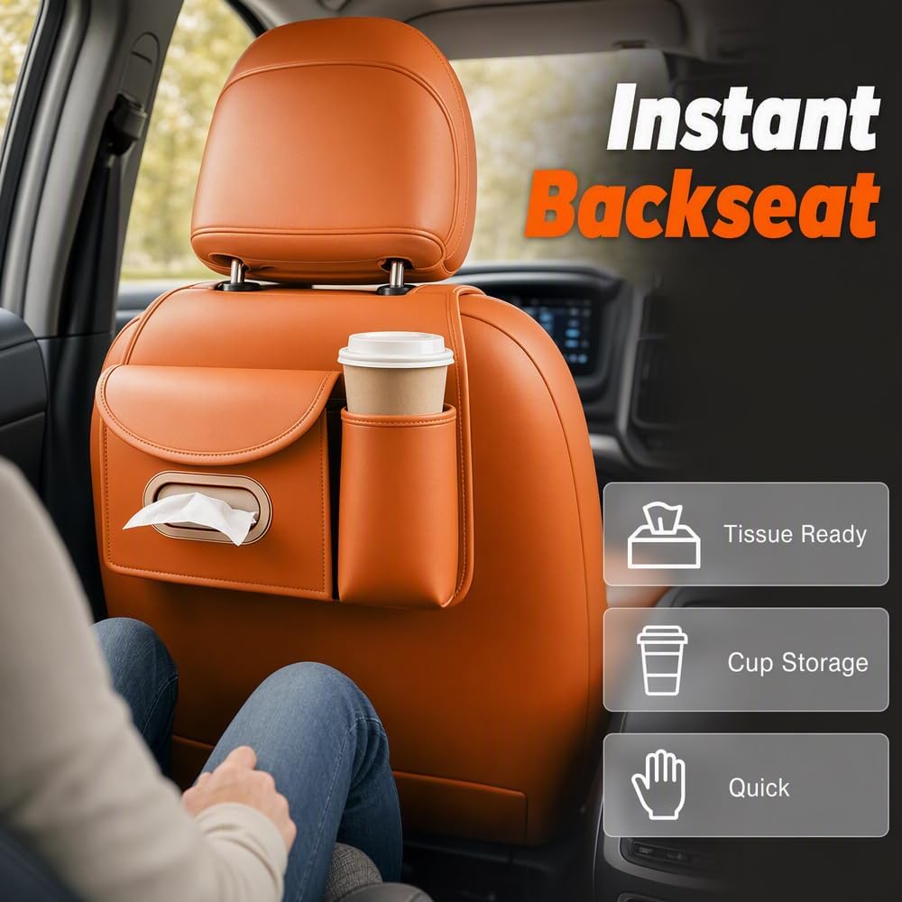 2 in 1 Car Back Seat Organizer, Car Cup Holder & Tissue Box Holder, Nappa Leather Car Seat Organizer Backseat Storage for Sedan SUV MPV Family Travel (Black)