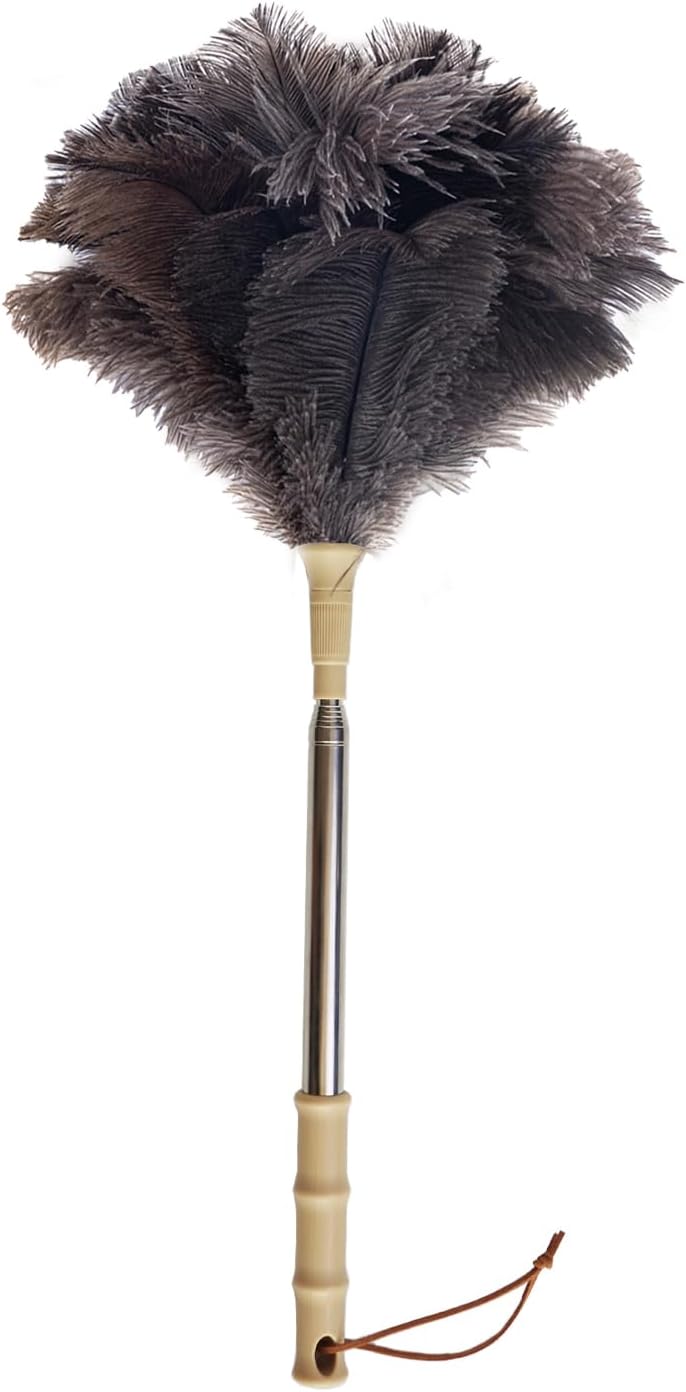 Aldwin Ostrich Feather Duster, 43" Extendable Feather Dusters for Cleaning | Genuine Fluffy Natural Reusable and Washable Handheld Feather Duster for Home, Office, Desk, Furniture, and Car Interior
