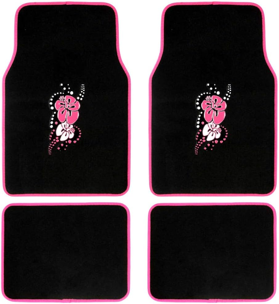 BDK 4-Piece Design Carpet Floor Mat Set - (Hawaiian Flower Pink) (Licensed Products, Secure Backing)