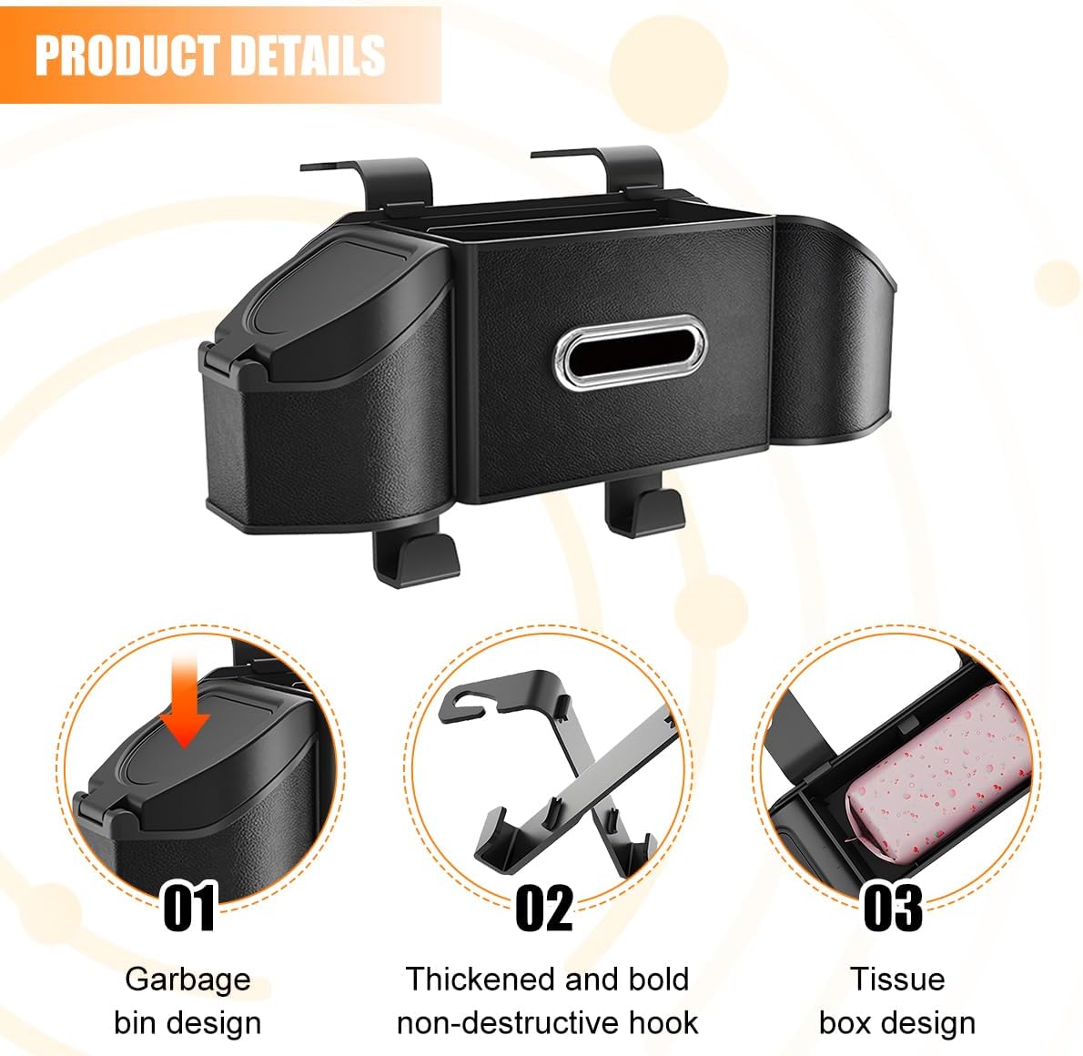 HZEL Car Seat Back Organizer, 7 in 1 Vehicle Backseat Storage Box with Cup Holder Tissue Box Trash Bin & Hooks, Multifunctional Auto Interior Headrest Organizer, Universal for SUV RV Truck (Black)