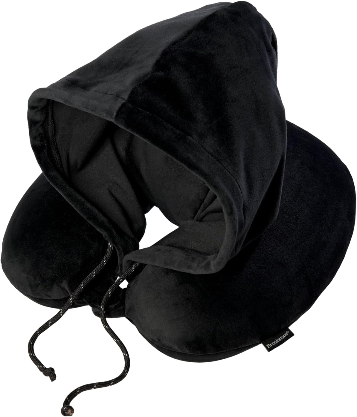 Brookstone Neck Travel Pillow - U-Shaped Memory Foam Hooded Neck Pillow with Snap Closure for Sleeping Airplane Car Travels, Size One Size, Black