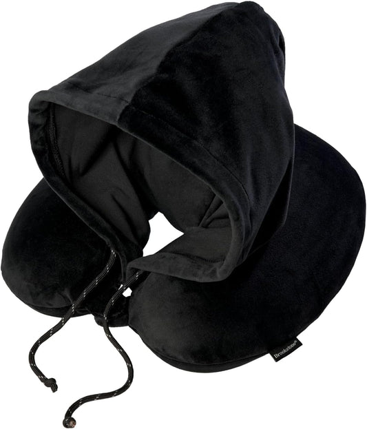 Brookstone Neck Travel Pillow - U-Shaped Memory Foam Hooded Neck Pillow with Snap Closure for Sleeping Airplane Car Travels, Size One Size, Black
