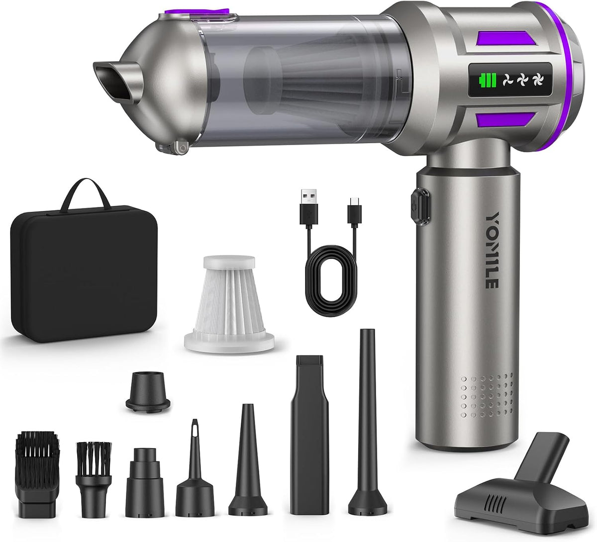 Yomile Mini Vacuum Cleaner, 2 in 1 27000PA Brushless Car Vacuum Air Duster 9000mAh Battery Air Blower Handheld Vacuum for Car,Office and Home
