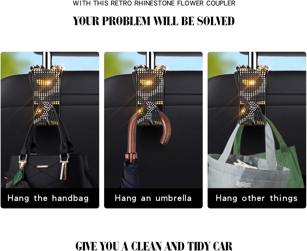 4 Pcs Bling Car Seat Hooks for Purses and Bags, Leopard Print Headrest Hooks with Bling Car Accessories