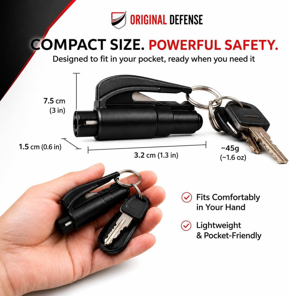 Original Defense® EscapeMate 2-in-1 Car Escape Tool Keychain – Custom Engraved Window Glass Breaker & Seatbelt Cutter – Spring-Loaded Emergency Escape Tool with Stainless Steel Blade – Car Safety Tool
