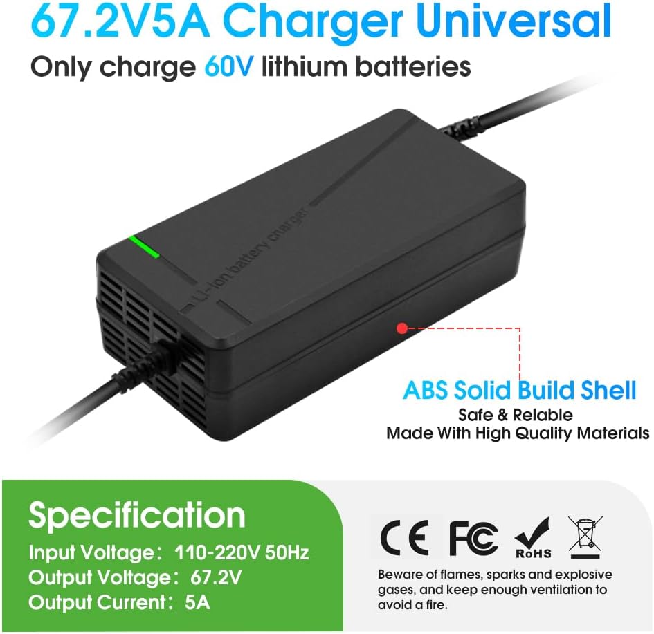 67.2V5A Charger with 6-in-1 Plug for 60V Lithium Battery Such as Car Truck Lawn Mower Boat Marine Batteries (67.2V5A-(6-in-1 Plug))