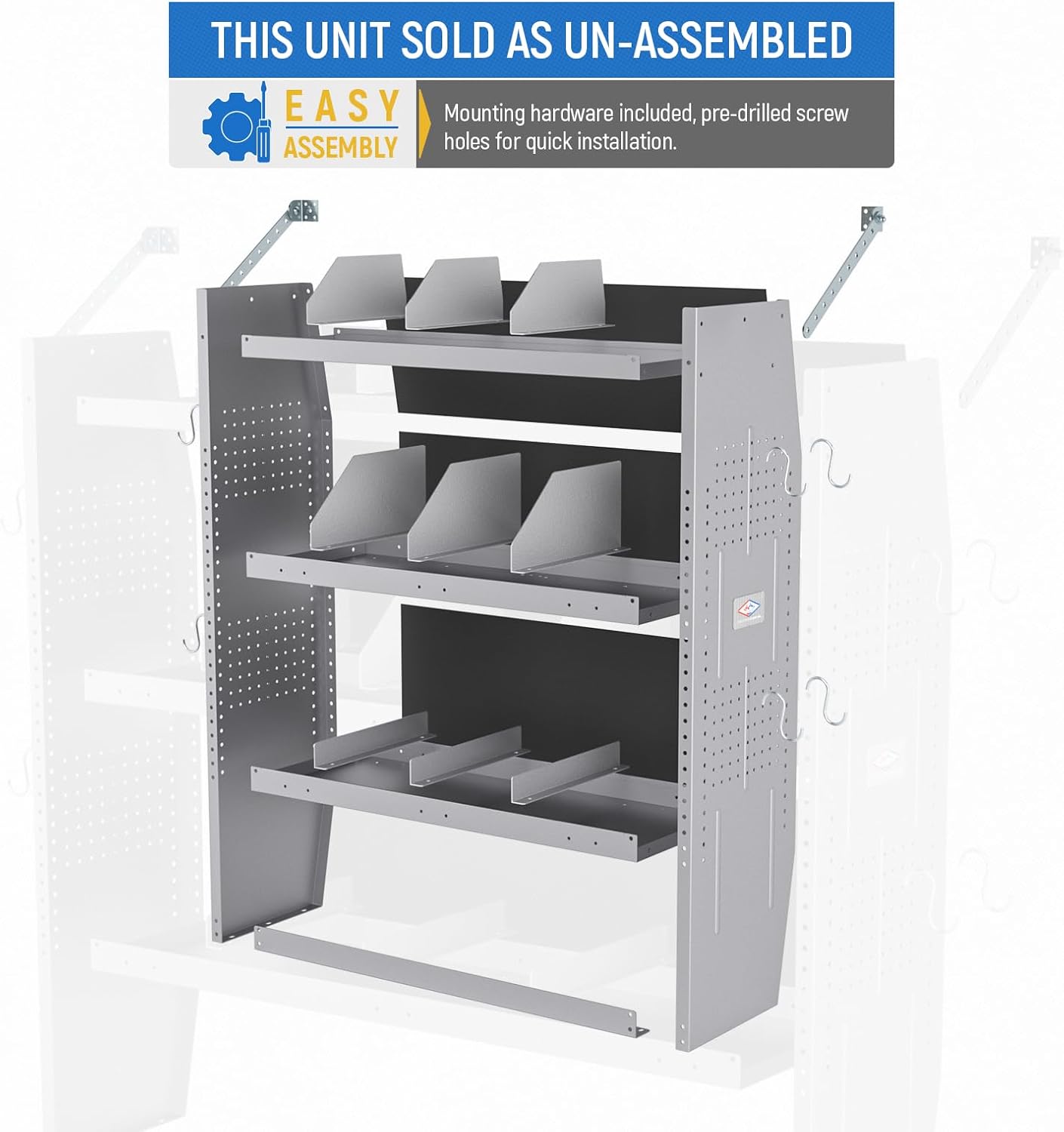 AA Products Inc. SH-4603 Steel Low/Mid/High Roof Van Shelving Storage System Fits Transit, GM, NV, Promaster and Sprinter, Contoured Shelving Unit, 32" W x 46" H x 13" D