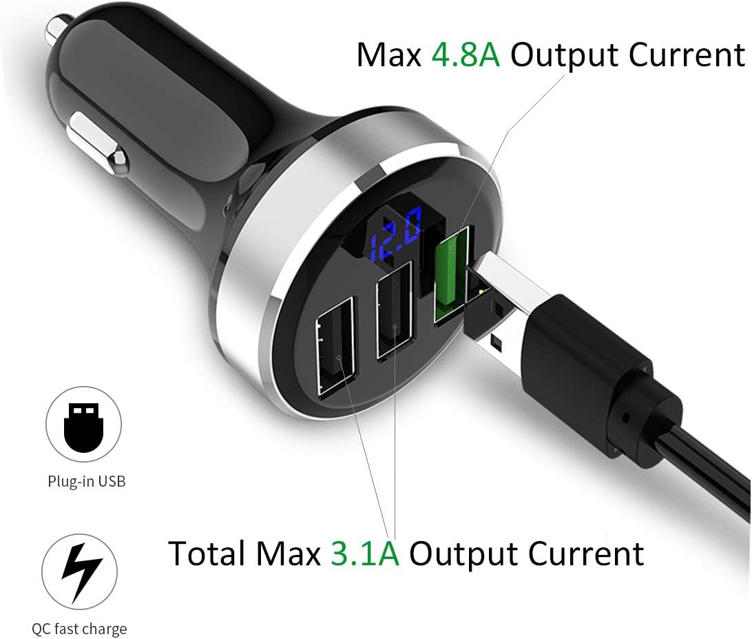 LIHAN 3 USB Car Charger,12V/24V Voltage Meter, Silver
