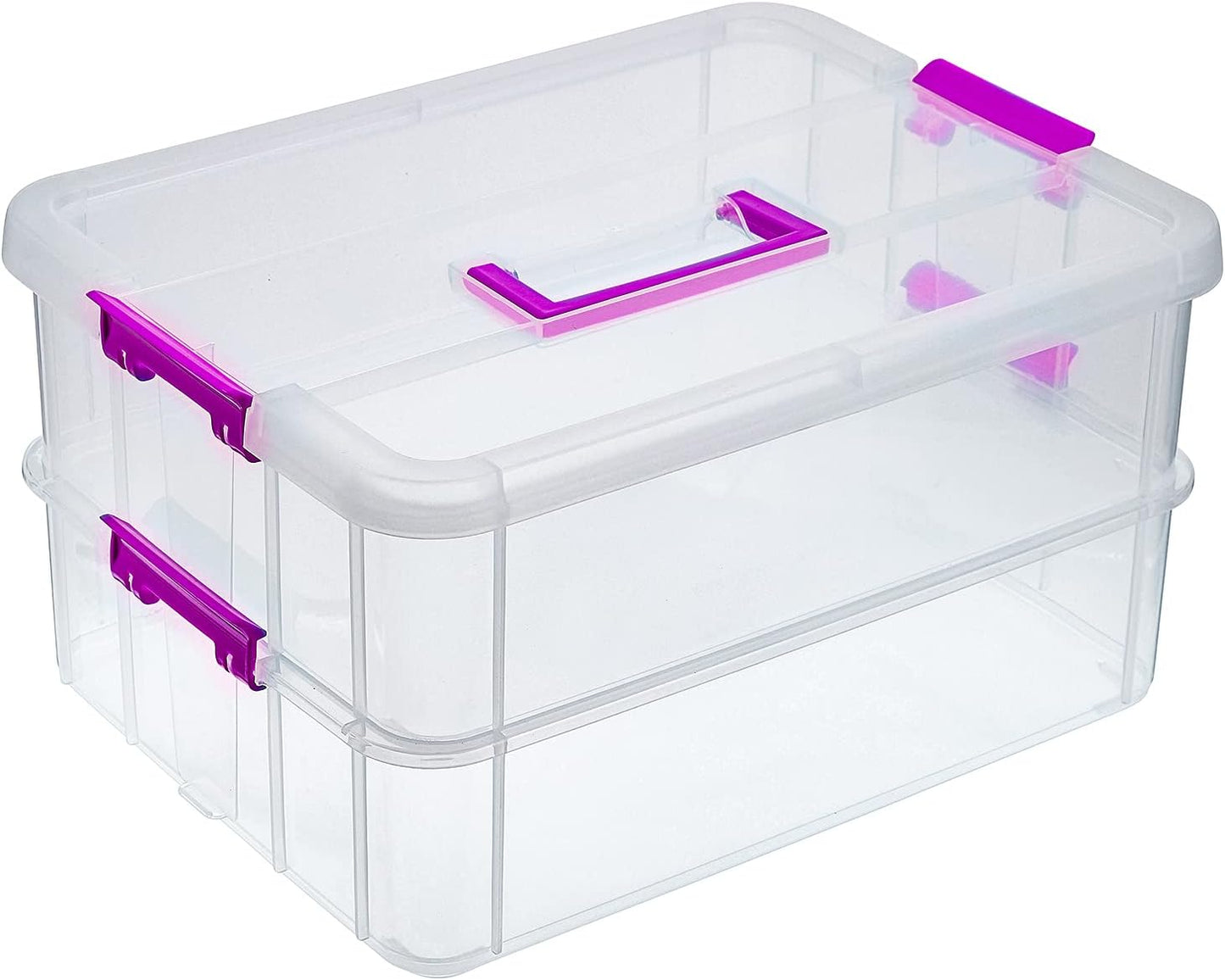 BTSKY 2 Layer Stack & Carry Box, Plastic Multipurpose Portable Storage Container Box Handled Organizer Storage Box for Organizing Stationery, Sewing, Art Craft, Jewelry and Beauty Supplies(Purple)