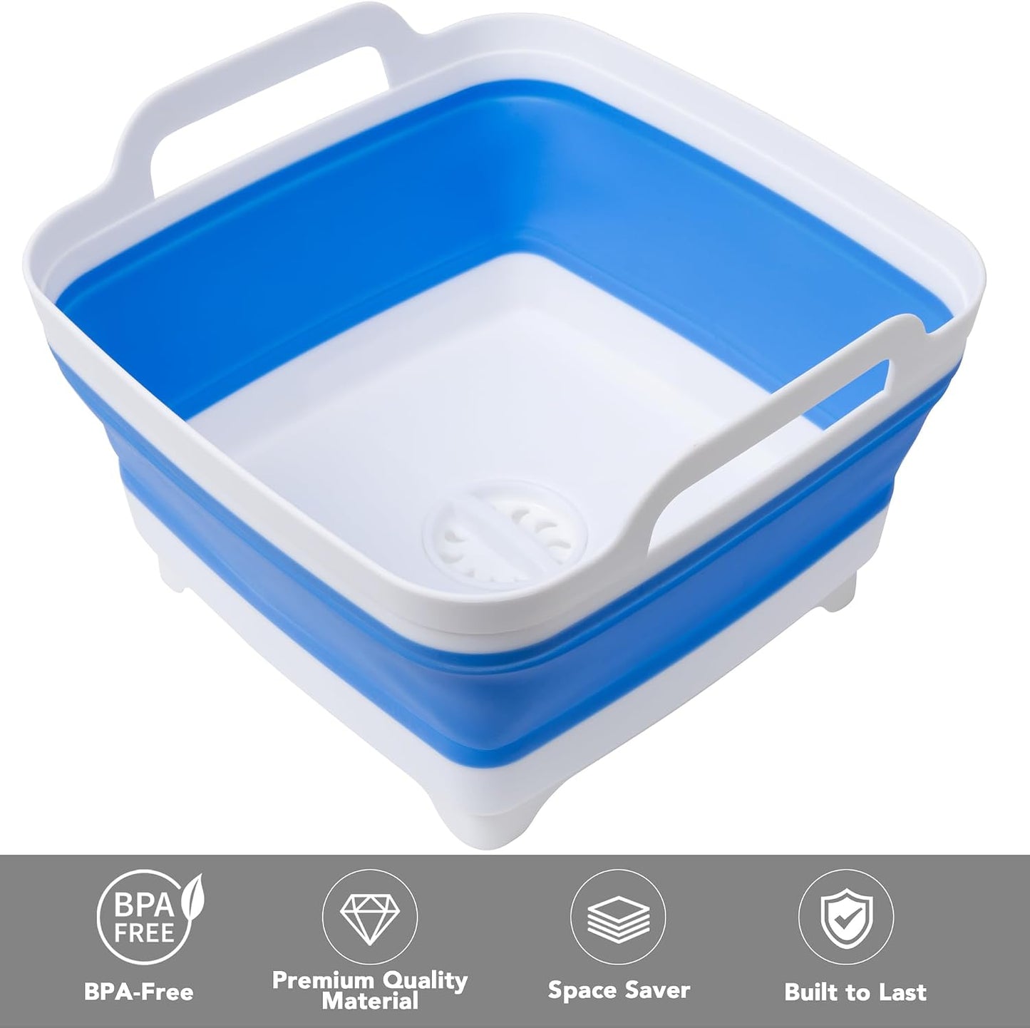Tiawudi Dishpan for Washing Dishes, 2.4Gal/9L Wash Basin with Draining Plug Carry Handles, Collapsible Bucket for Cleaning, Portable Sink, Foldable Plastic Tub, 1PC