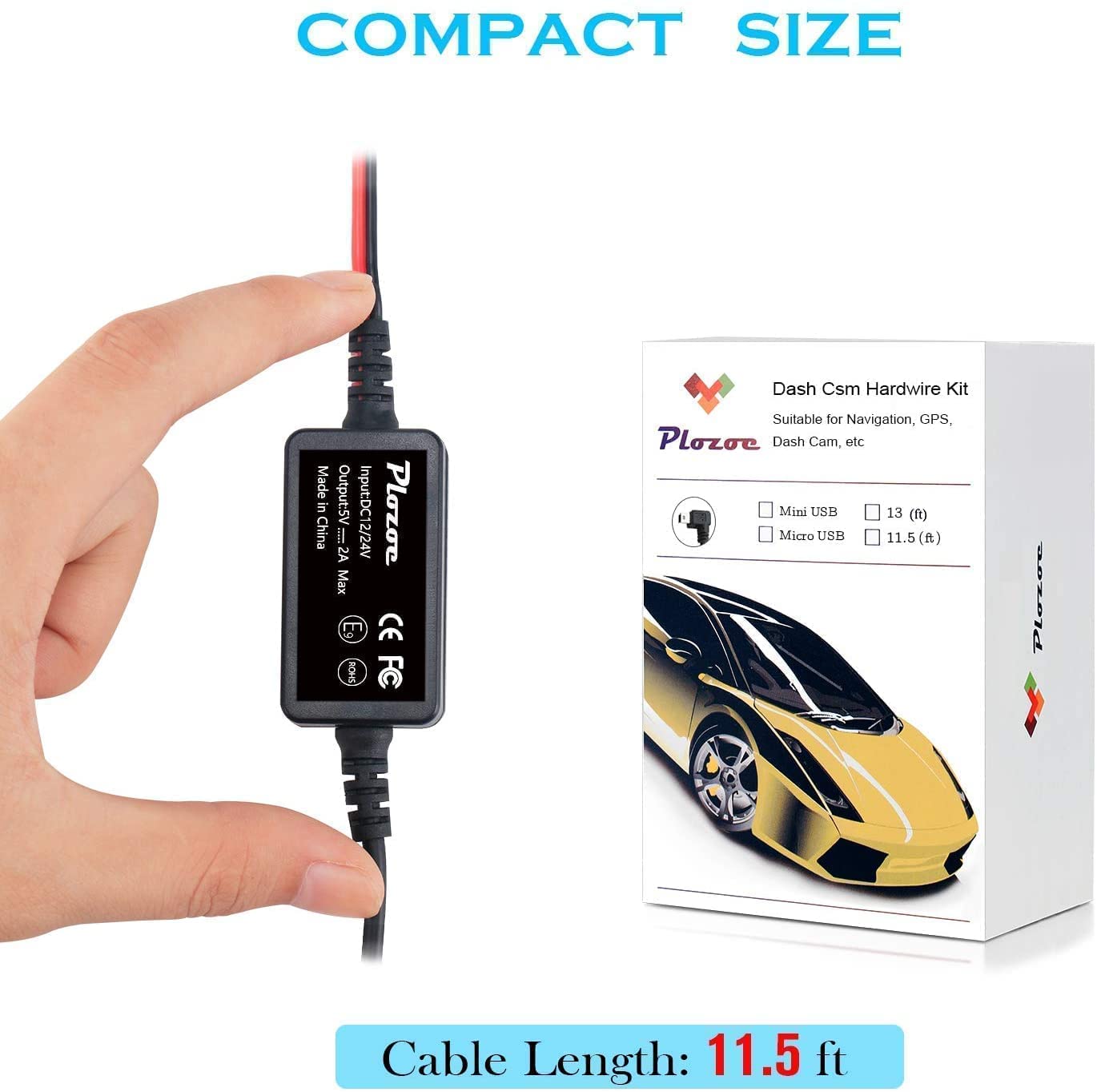 Dash Cam Hardwire Kit,USB C Polyvinyl Chloride Hard Wire Kit Fuse for Dashcam, Plozoe 12V-24V to 5V Car Dash Camera Charger Power Cord, Gift 4 Fuse Tap Cable and Installation Tool（11.5ft) , Black