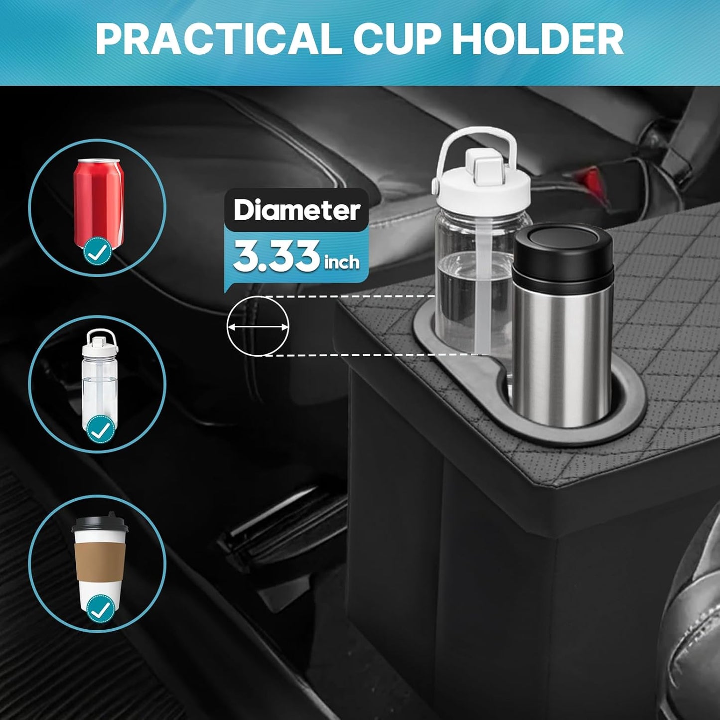 Mixsuper Liner Car Seat Organizer for Kia Telluride 2020-2026 Center Console Organizer with Cup Holders for Telluride, Kids Toys Baby Supplies Dog Toy Box Storage Bin Travel Accessories